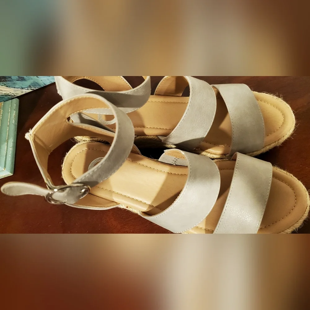 Cream/ Beige Espadrille Wedge Sandals with Adjustable Ankle Strap, Size 6.5